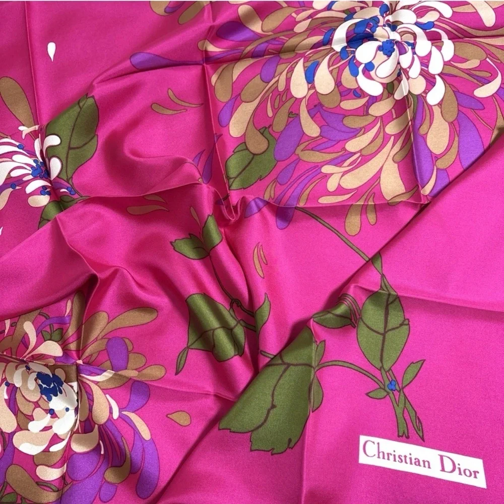 Christian Dior Silk Scarf 30in Fuchsia Pink Floral Botanical Leaves Design